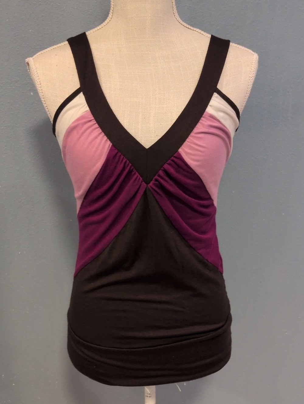 Studio Y Color Block V-neck Ruched Sides Chocolate Brown Pink Y2K Tank Top Retro